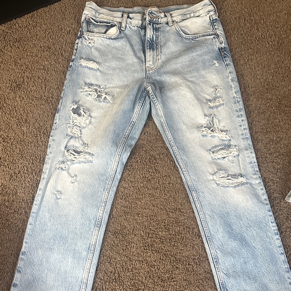 Zara Light Blue Distressed Straight Leg Jeans